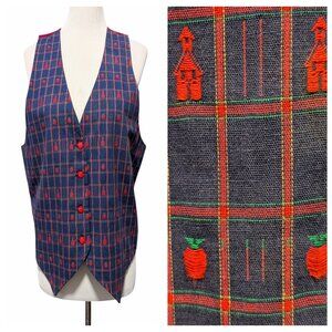 Applied Design Vtg Womens Sz L? Blue Red Apple Schoolhouse 4 Button Teacher Vest
